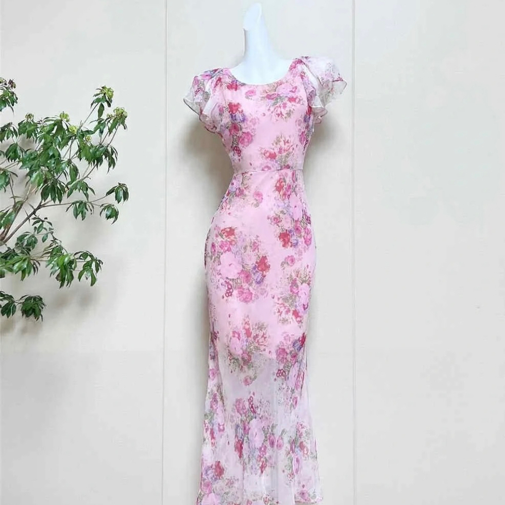LoveShackFancy Silk Pink Floral Midi Dress
